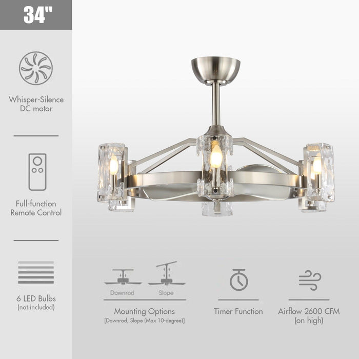 34" Bucholz Modern DC Motor Brushed Nickel Downrod Mount Reversible Ceiling Fan with LED Lighting and Remote Control - Sweatfully