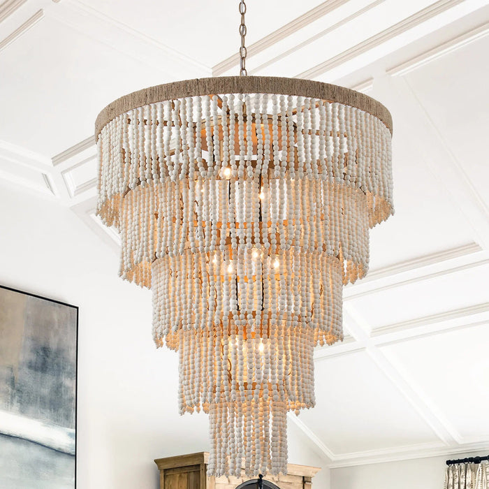 32 Inch Nelly 9-Light Bohemia Wood Beaded Chandelier - Sweatfully