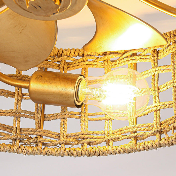 18 Inch Vintage Gold Farmhouse Rattan Flush Mount Ceiling Fan with Light APP and Remote Control - Sweatfully