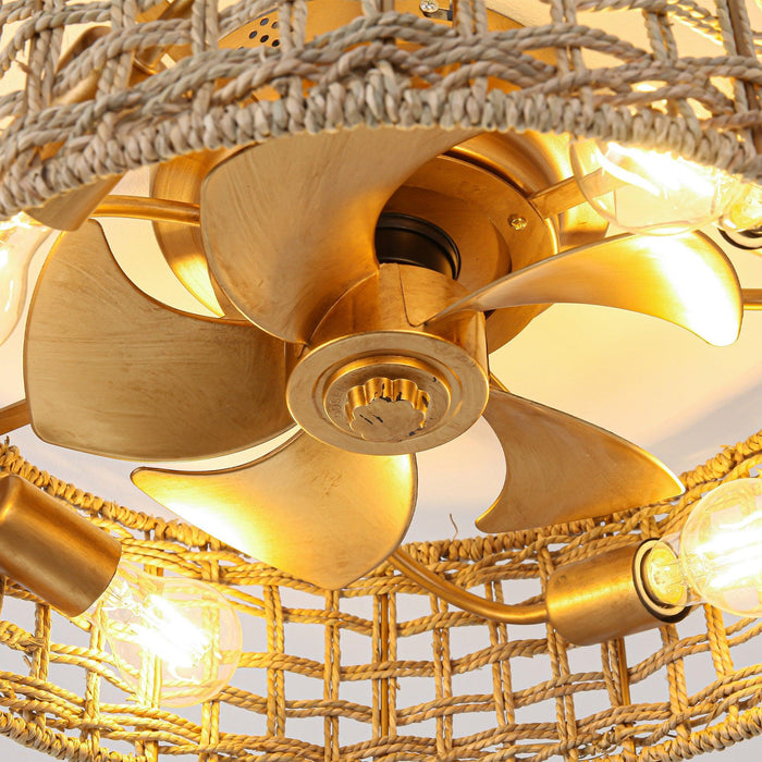 18 Inch Vintage Gold Farmhouse Rattan Flush Mount Ceiling Fan with Light APP and Remote Control - Sweatfully