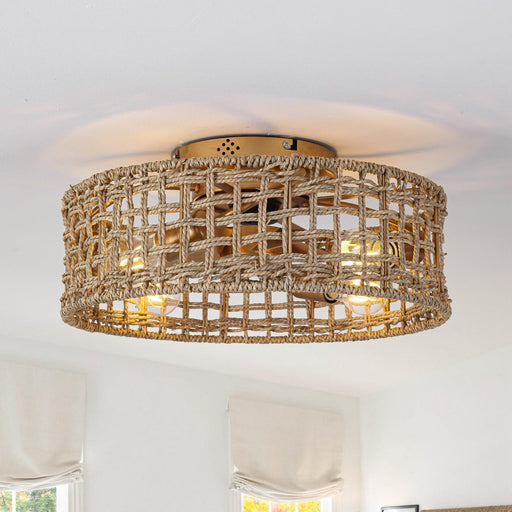 18 Inch Vintage Gold Farmhouse Rattan Flush Mount Ceiling Fan with Light APP and Remote Control - Sweatfully