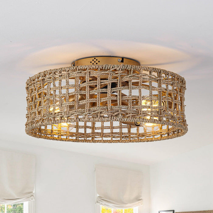 18 Inch Vintage Gold Farmhouse Rattan Flush Mount Ceiling Fan with Light APP and Remote Control - Sweatfully