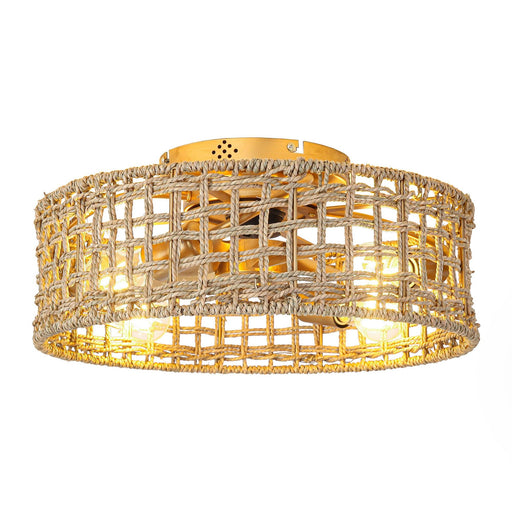 18 Inch Vintage Gold Farmhouse Rattan Flush Mount Ceiling Fan with Light APP and Remote Control - Sweatfully