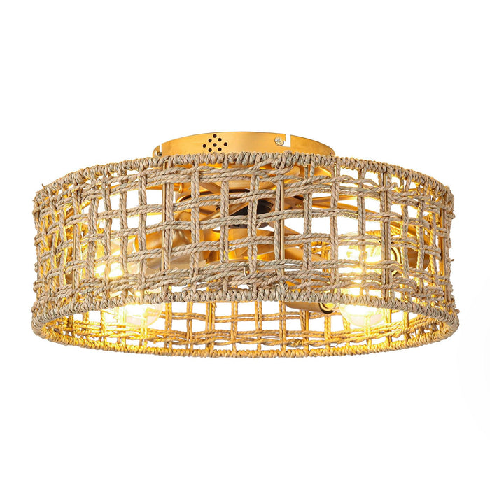 18 Inch Vintage Gold Farmhouse Rattan Flush Mount Ceiling Fan with Light APP and Remote Control - Sweatfully