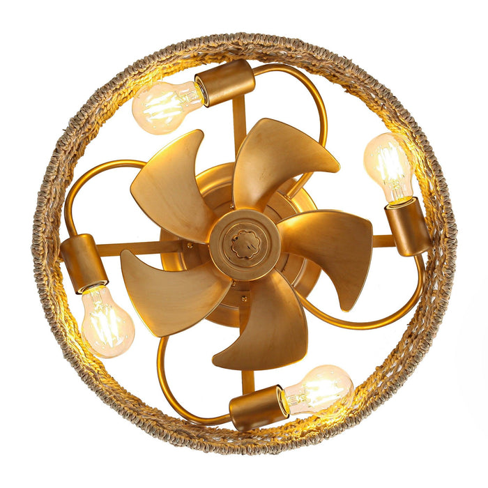 18 Inch Vintage Gold Farmhouse Rattan Flush Mount Ceiling Fan with Light APP and Remote Control - Sweatfully