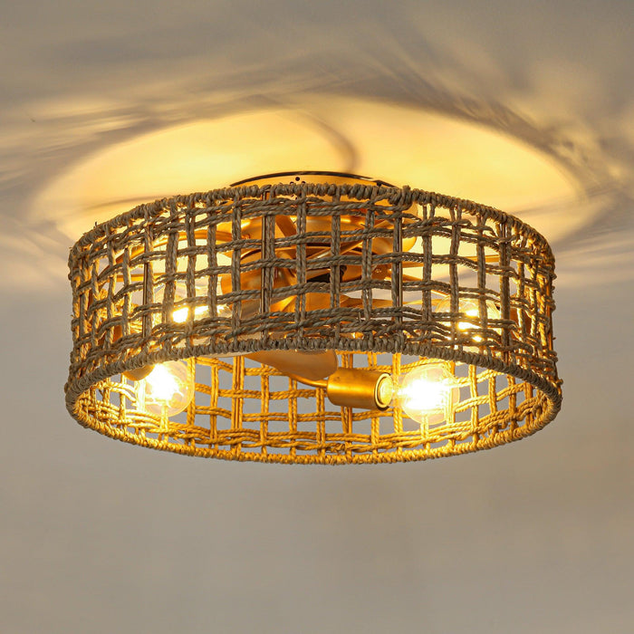 18 Inch Vintage Gold Farmhouse Rattan Flush Mount Ceiling Fan with Light APP and Remote Control - Sweatfully