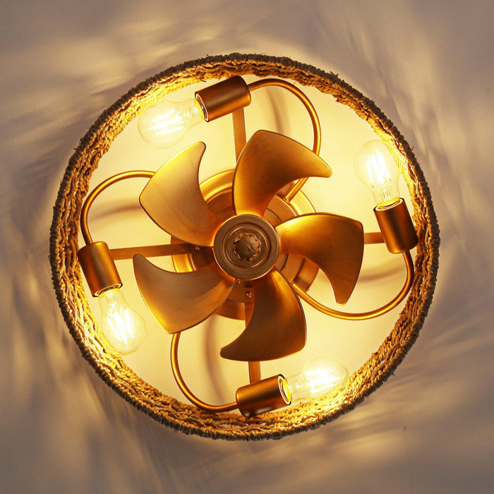 18 Inch Vintage Gold Farmhouse Rattan Flush Mount Ceiling Fan with Light APP and Remote Control - Sweatfully