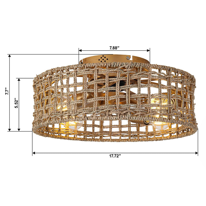 18 Inch Vintage Gold Farmhouse Rattan Flush Mount Ceiling Fan with Light APP and Remote Control - Sweatfully