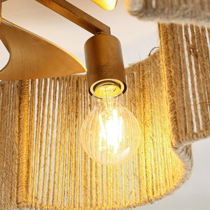 21 Inch Golden Flower-shape Farmhouse Rattan Flush Mount Ceiling Fan with Light APP and Remote Control - Sweatfully