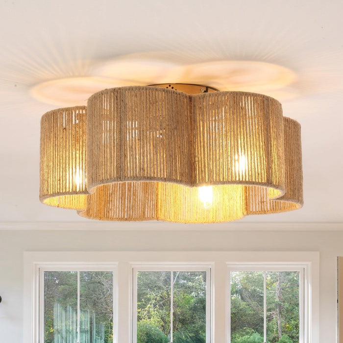 21 Inch Golden Flower-shape Farmhouse Rattan Flush Mount Ceiling Fan with Light APP and Remote Control - Sweatfully