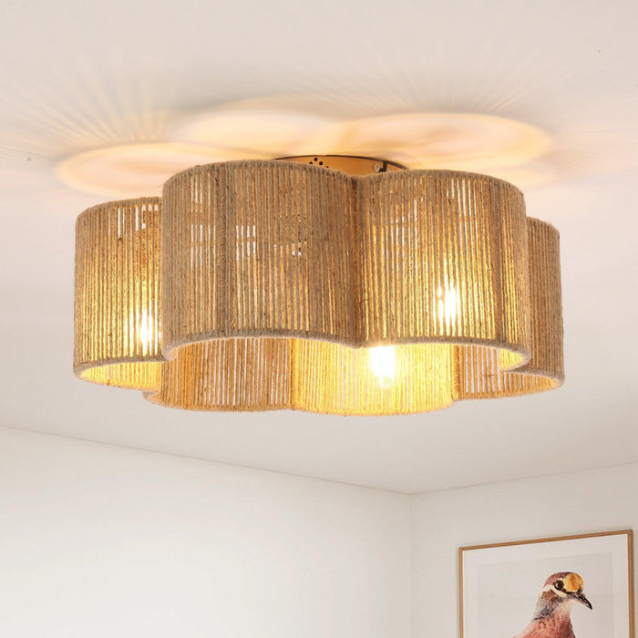 21 Inch Golden Flower-shape Farmhouse Rattan Flush Mount Ceiling Fan with Light APP and Remote Control - Sweatfully