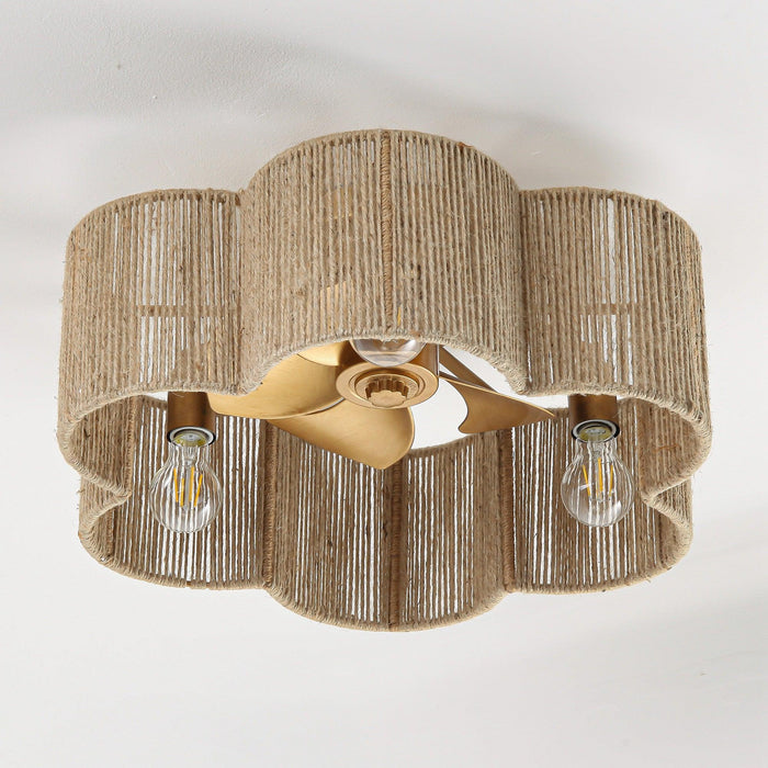 21 Inch Golden Flower-shape Farmhouse Rattan Flush Mount Ceiling Fan with Light APP and Remote Control - Sweatfully