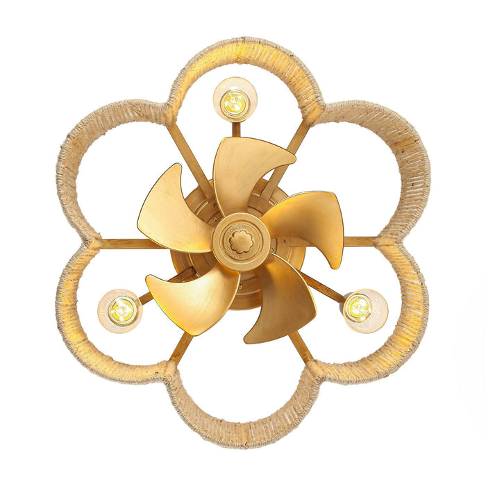 21 Inch Golden Flower-shape Farmhouse Rattan Flush Mount Ceiling Fan with Light APP and Remote Control - Sweatfully