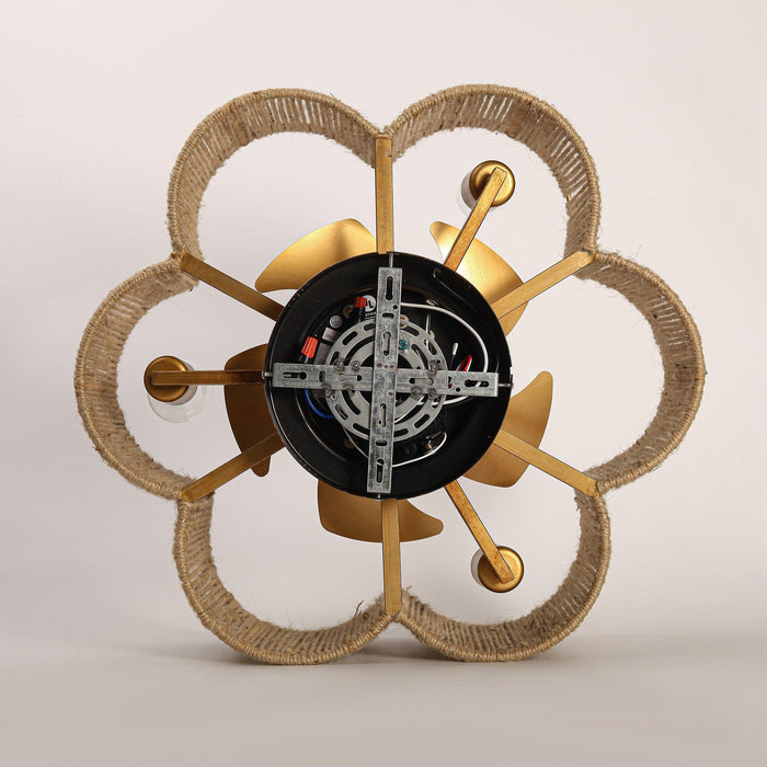 21 Inch Golden Flower-shape Farmhouse Rattan Flush Mount Ceiling Fan with Light APP and Remote Control - Sweatfully