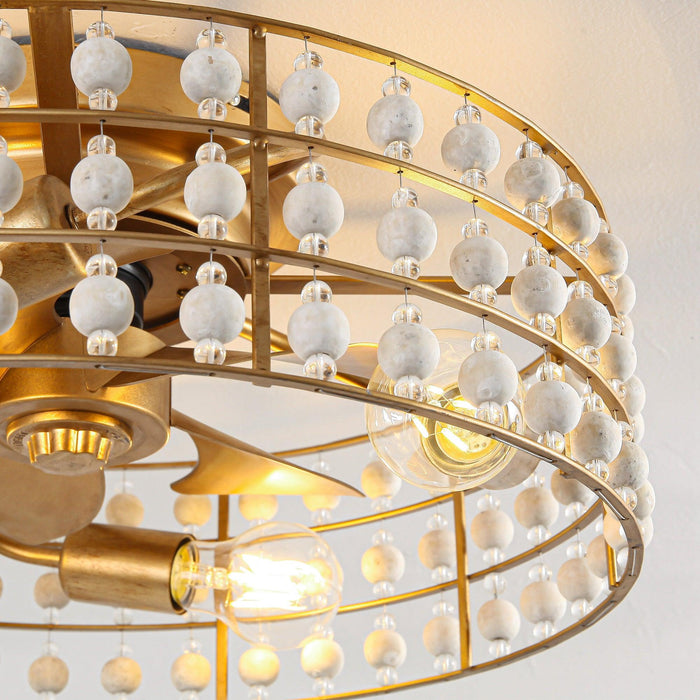 18 Inch Golden Farmhouse Wooden Beads Flush Mount Ceiling Fan with APP and Remote Control - Sweatfully