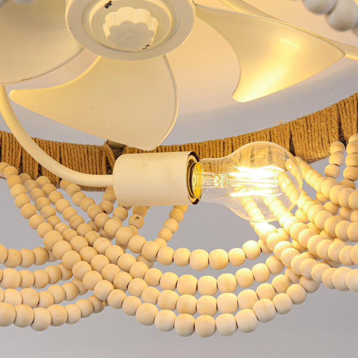 20 Inch White Farmhouse Handmade Wooden Beads Flush Mount Ceiling Fan with APP Remote Control and Lighting - Sweatfully