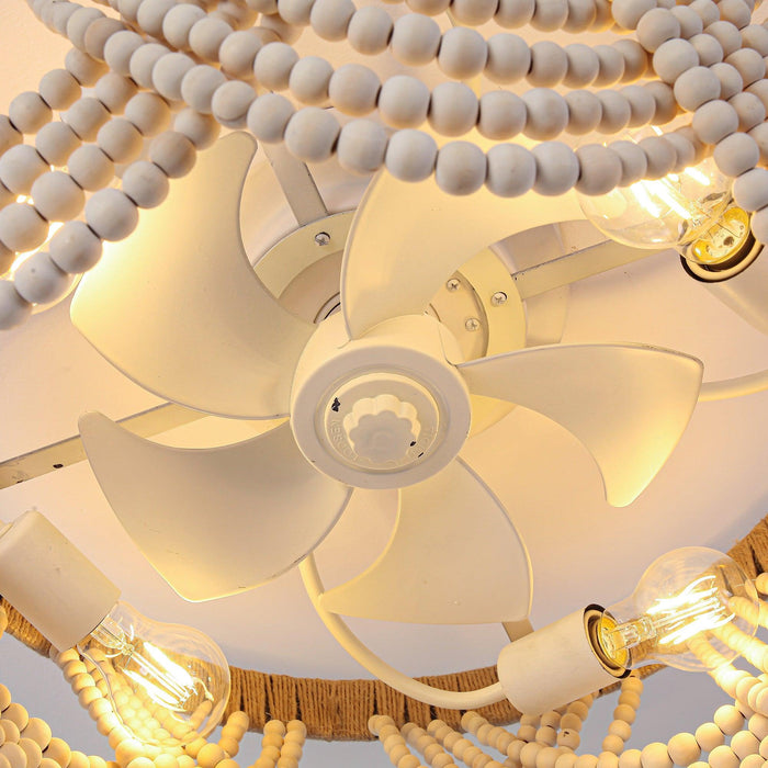 20 Inch White Farmhouse Handmade Wooden Beads Flush Mount Ceiling Fan with APP Remote Control and Lighting - Sweatfully