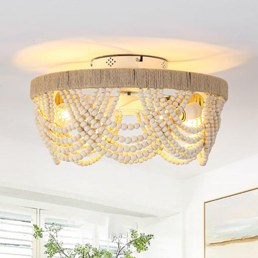 20 Inch White Farmhouse Handmade Wooden Beads Flush Mount Ceiling Fan with APP Remote Control and Lighting - Sweatfully