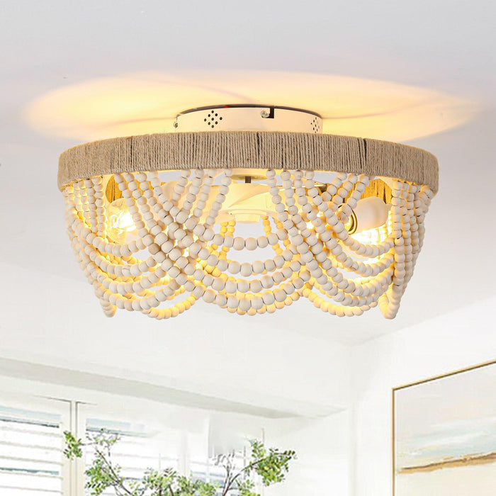 20 Inch White Farmhouse Handmade Wooden Beads Flush Mount Ceiling Fan with APP Remote Control and Lighting - Sweatfully