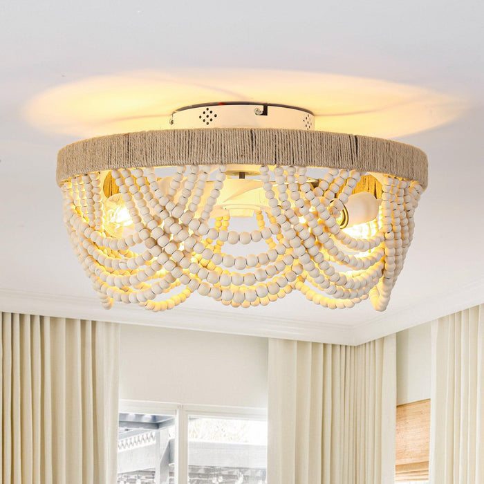 20 Inch White Farmhouse Handmade Wooden Beads Flush Mount Ceiling Fan with APP Remote Control and Lighting - Sweatfully