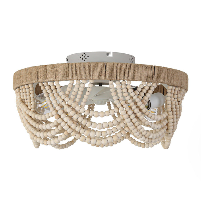 20 Inch White Farmhouse Handmade Wooden Beads Flush Mount Ceiling Fan with APP Remote Control and Lighting - Sweatfully
