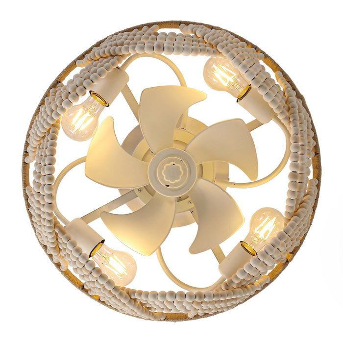 20 Inch White Farmhouse Handmade Wooden Beads Flush Mount Ceiling Fan with APP Remote Control and Lighting - Sweatfully