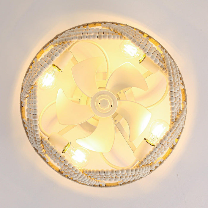 20 Inch White Farmhouse Handmade Wooden Beads Flush Mount Ceiling Fan with APP Remote Control and Lighting - Sweatfully