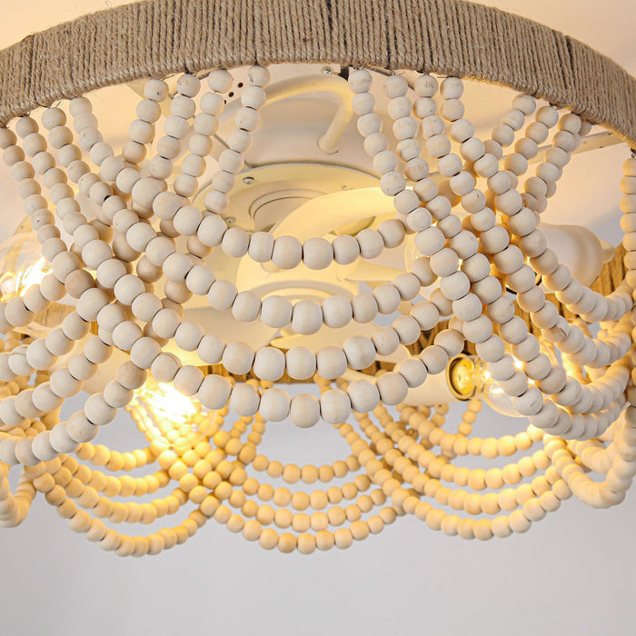 20 Inch White Farmhouse Handmade Wooden Beads Flush Mount Ceiling Fan with APP Remote Control and Lighting - Sweatfully