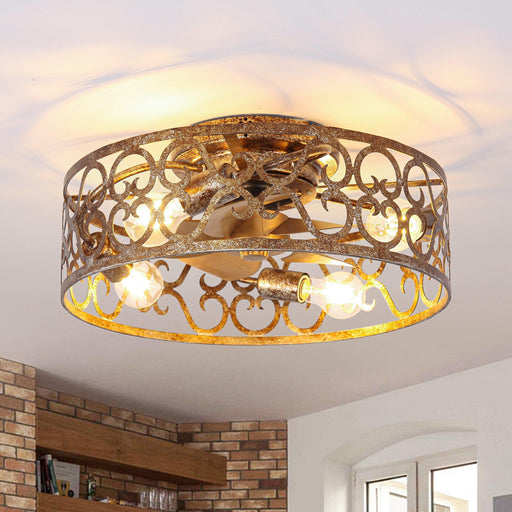 18 Inch Vintage Distressed Golden Industrial Flush Mount Ceiling Fan with Light APP and Remote Control - Sweatfully