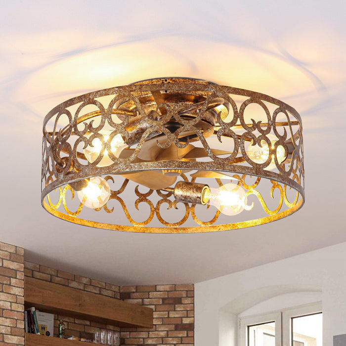 18 Inch Vintage Distressed Golden Industrial Flush Mount Ceiling Fan with Light APP and Remote Control - Sweatfully