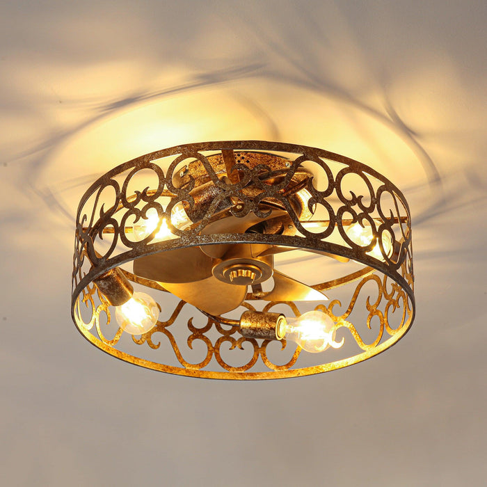 18 Inch Vintage Distressed Golden Industrial Flush Mount Ceiling Fan with Light APP and Remote Control - Sweatfully