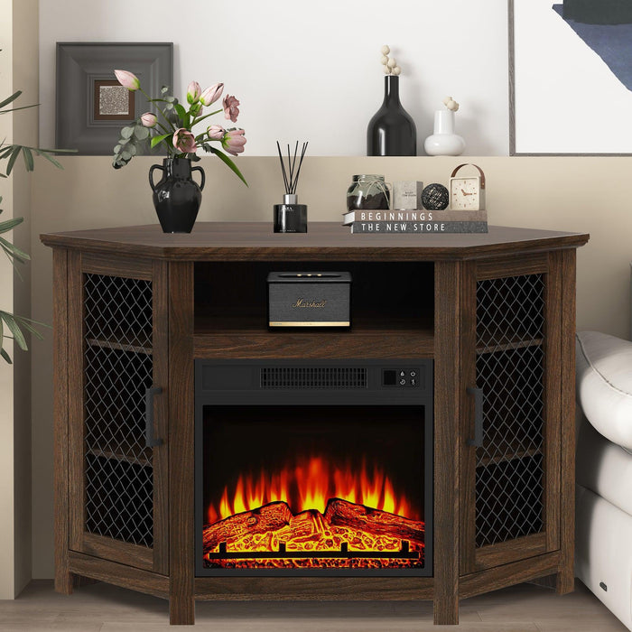45" Corner Electric Fireplace TV Stands Console Table with 2 Metal Mesh Doors - Sweatfully
