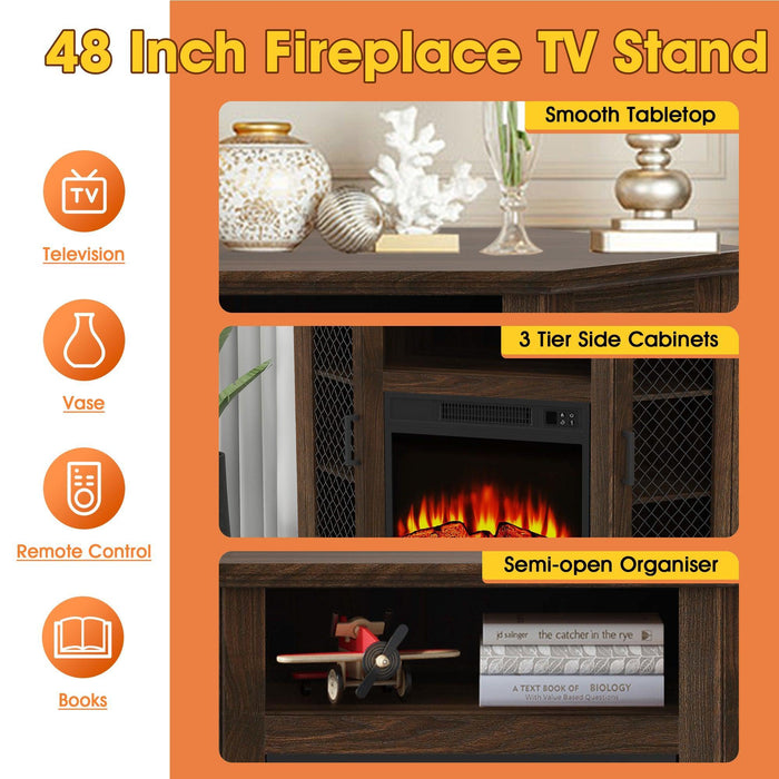 45" Corner Electric Fireplace TV Stands Console Table with 2 Metal Mesh Doors - Sweatfully