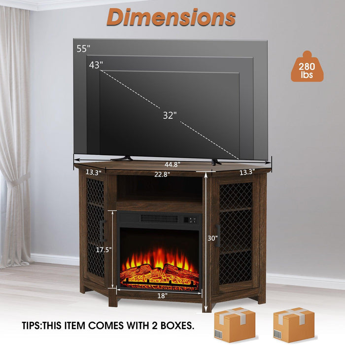 45" Corner Electric Fireplace TV Stands Console Table with 2 Metal Mesh Doors - Sweatfully