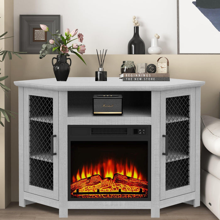 45" Corner Electric Fireplace TV Stands Console Table with 2 Metal Mesh Doors - Sweatfully