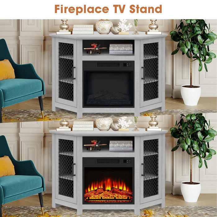 45" Corner Electric Fireplace TV Stands Console Table with 2 Metal Mesh Doors - Sweatfully
