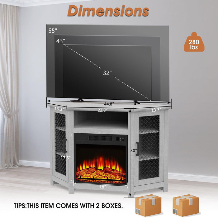 45" Corner Electric Fireplace TV Stands Console Table with 2 Metal Mesh Doors - Sweatfully