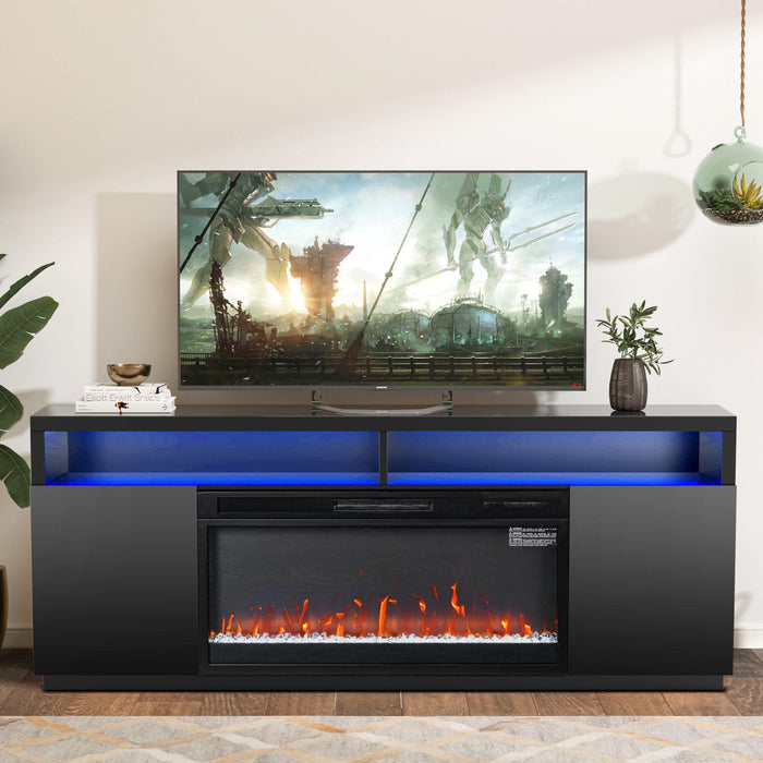Modern 68" LED TV Stand with 36" Insert Opening Electric Fireplace for Living Room in Black or White - Sweatfully