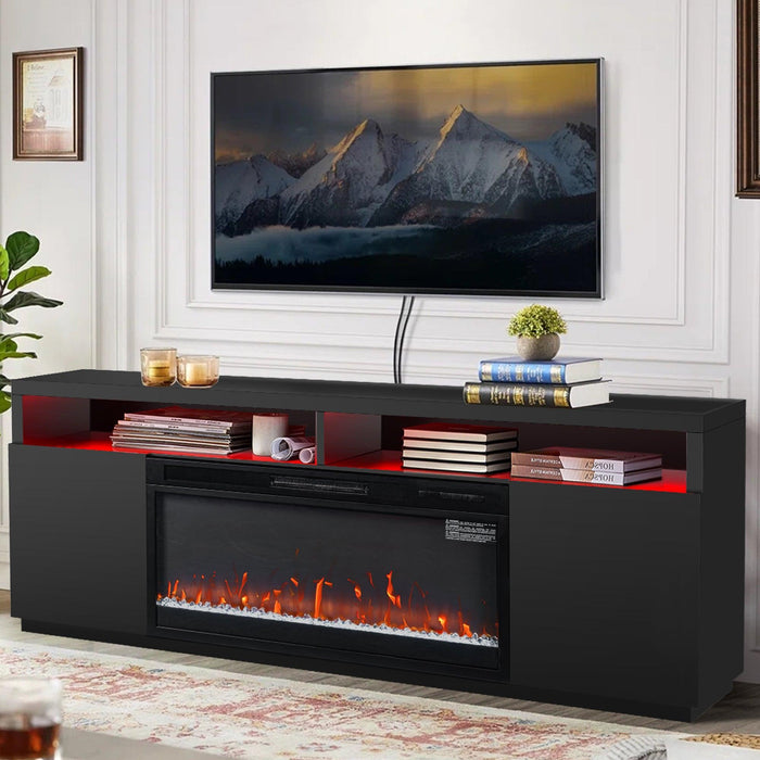 Modern 68" LED TV Stand with 36" Insert Opening Electric Fireplace for Living Room in Black or White - Sweatfully