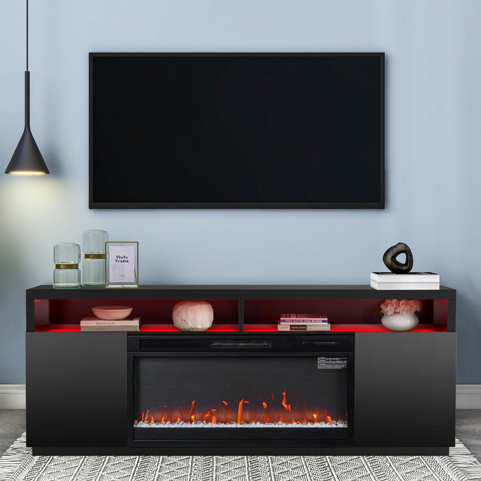 Modern 68" LED TV Stand with 36" Insert Opening Electric Fireplace for Living Room in Black or White - Sweatfully