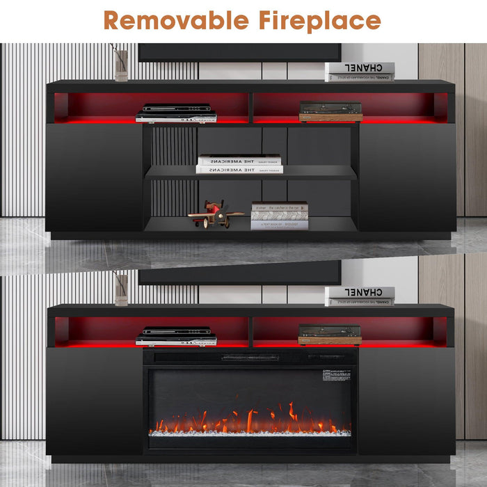 Modern 68" LED TV Stand with 36" Insert Opening Electric Fireplace for Living Room in Black or White - Sweatfully