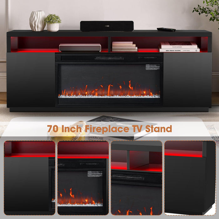 Modern 68" LED TV Stand with 36" Insert Opening Electric Fireplace for Living Room in Black or White - Sweatfully
