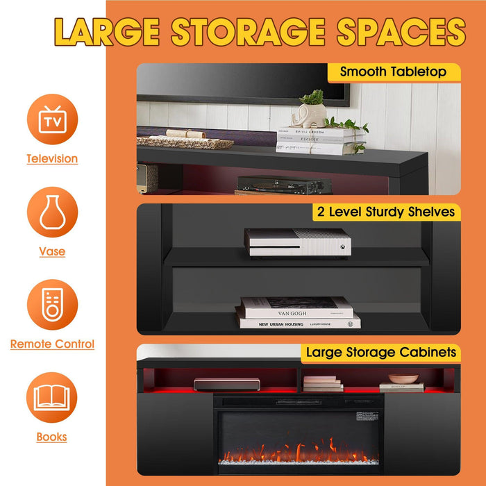Modern 68" LED TV Stand with 36" Insert Opening Electric Fireplace for Living Room in Black or White - Sweatfully