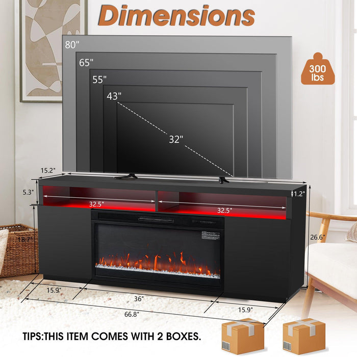 Modern 68" LED TV Stand with 36" Insert Opening Electric Fireplace for Living Room in Black or White - Sweatfully