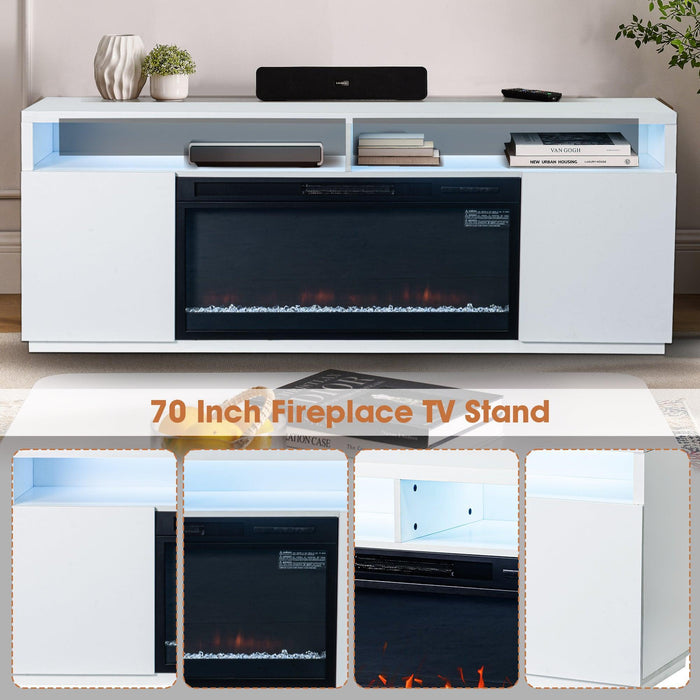 Modern 68" LED TV Stand with 36" Insert Opening Electric Fireplace for Living Room in Black or White - Sweatfully