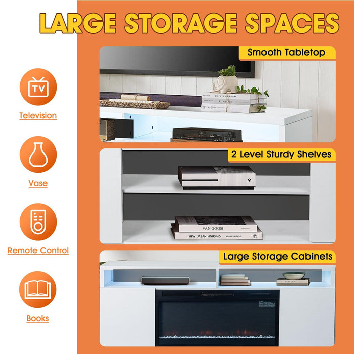 Modern 68" LED TV Stand with 36" Insert Opening Electric Fireplace for Living Room in Black or White - Sweatfully