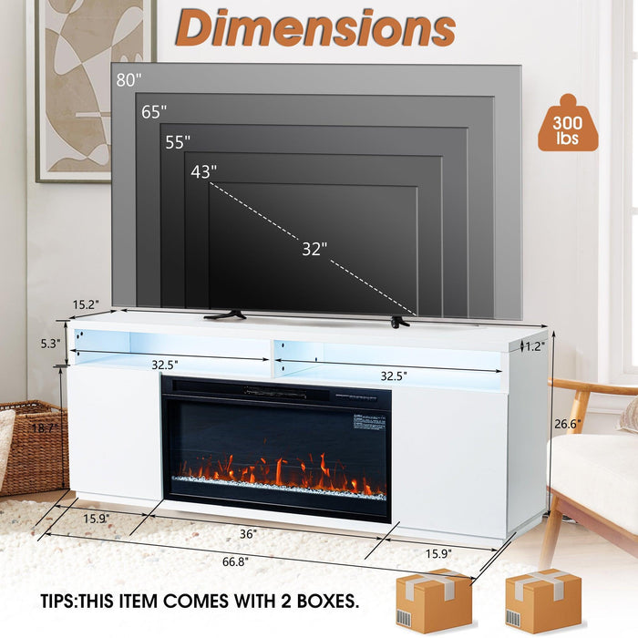 Modern 68" LED TV Stand with 36" Insert Opening Electric Fireplace for Living Room in Black or White - Sweatfully