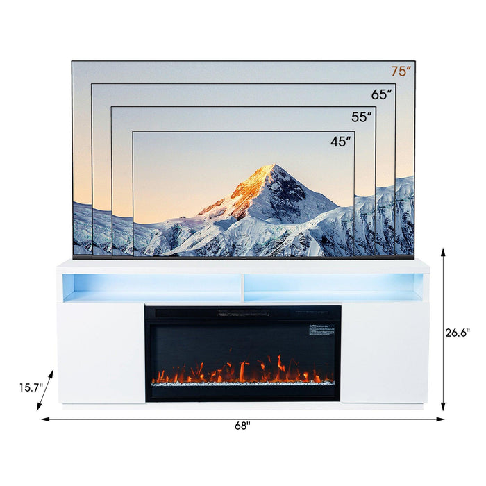 Modern 68" LED TV Stand with 36" Insert Opening Electric Fireplace for Living Room in Black or White - Sweatfully