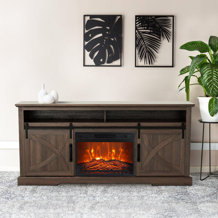 68" Farmhouse TV Stand with 23" Insert Opening Electric Fireplace - Sweatfully