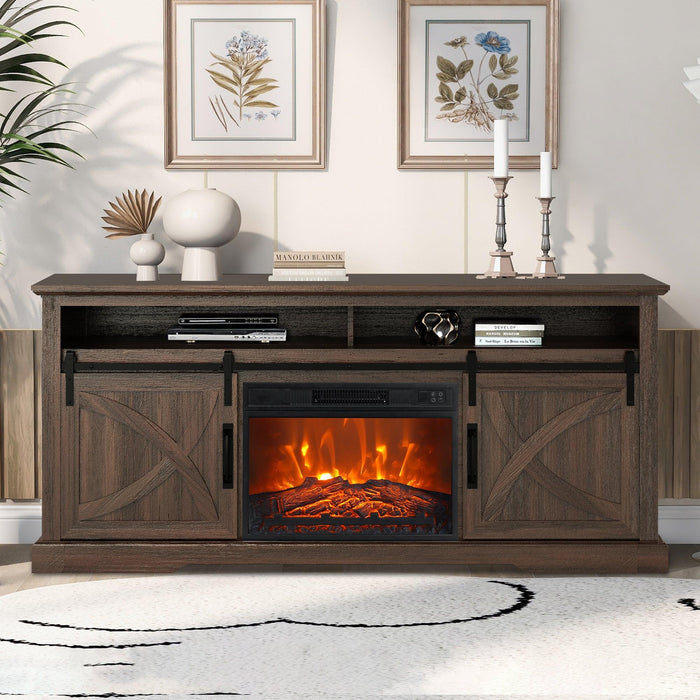 68" Farmhouse TV Stand with 23" Insert Opening Electric Fireplace - Sweatfully